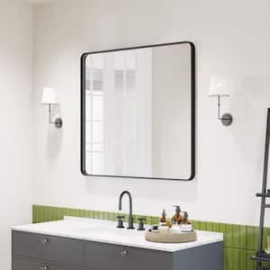 40 in. W x 36 in. H Rectangular Aluminum Framed Modern Black Rounded Wall Mirror
