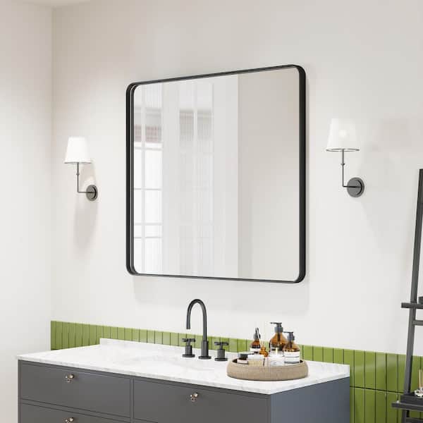 40 in. W x 36 in. H Rectangular Aluminum Framed Modern Black Rounded Wall Mirror