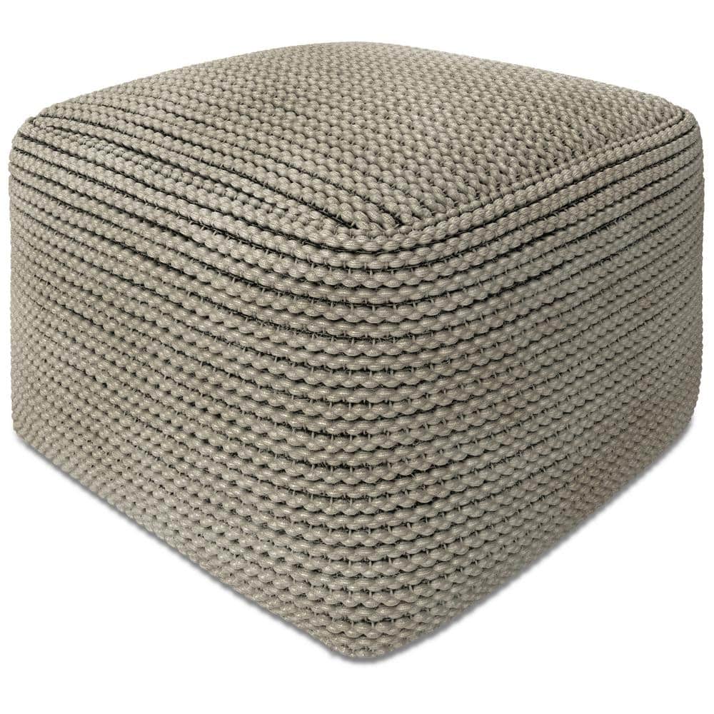 Simpli Home Eastmont Boho Square Fabric Pouf in Cream Polystyrene