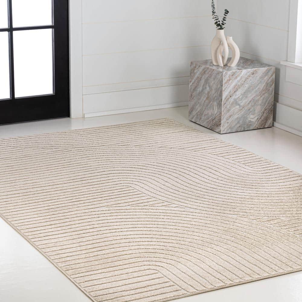 High-Low Geometric Beige and Cream 4' x 6' Synthetic Area Rug