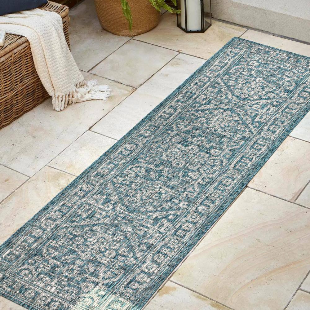 Teal and Gray Synthetic Medallion Runner Rug, 2'-2" x 8'