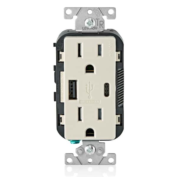 Leviton 15 Amp Decora Type A and C USB Charger Tamper-Resistant Outlet, Light Almond