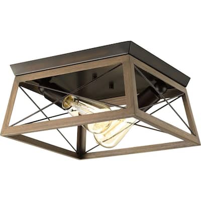 Briarwood Collection 12 in. 2-Light Antique Bronze Farmhouse Flush Mount Ceiling Light with Painted Wood Oak Frame