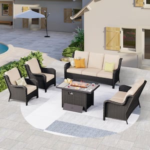 Joyoung Brown 5-Piece Wicker Patio Rectangle Fire Pit Conversation Seating Set with Beige Cushions
