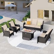 Joyoung Brown 5-Piece Wicker Patio Rectangle Fire Pit Conversation Seating Set with Beige Cushions