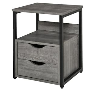 Grey, Industrial Side Table, Night Stand with 2-Storage Drawers Accent Piece for Living Room, Bedroom