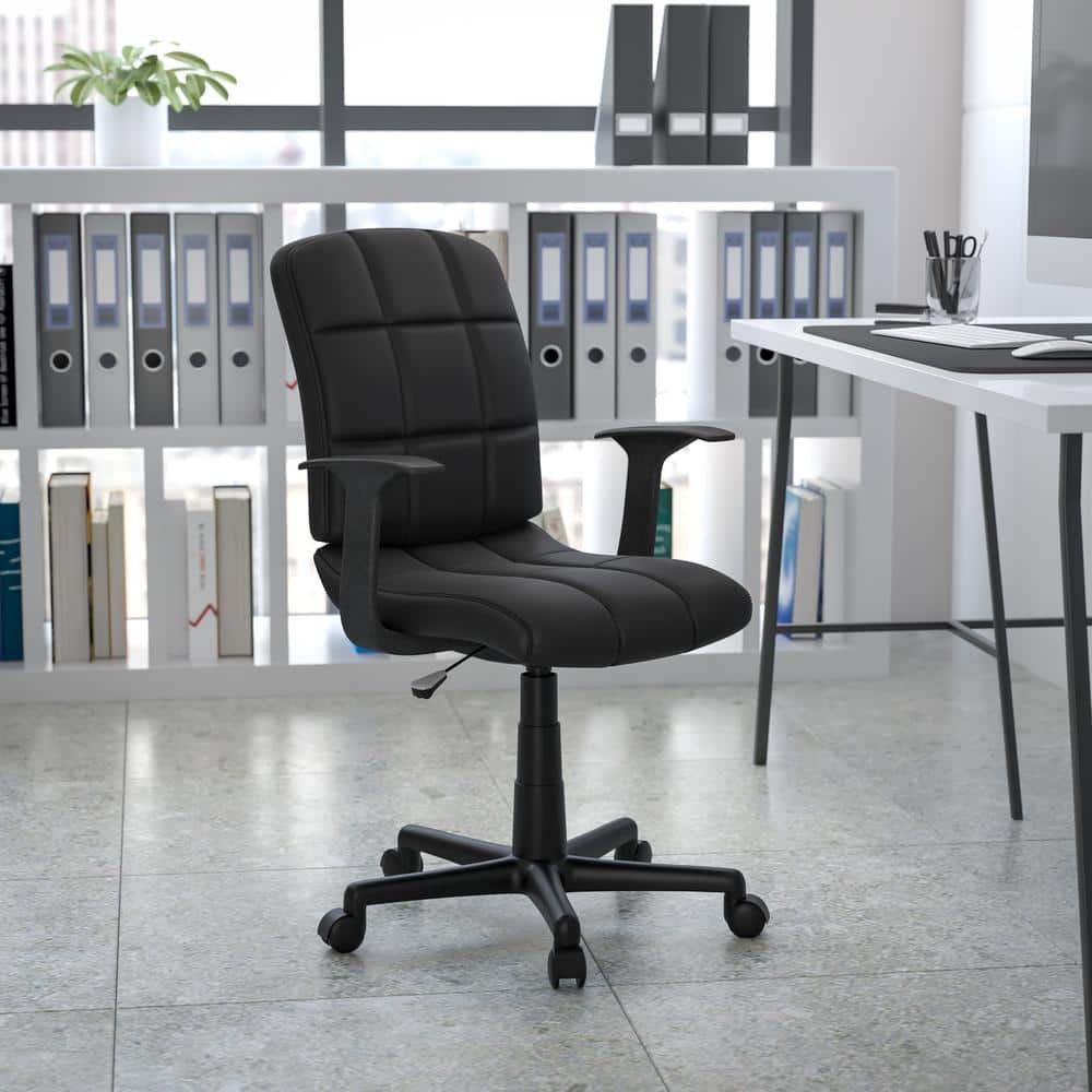 Mid-Back Black Vinyl Quilted Task Chair with Arms
