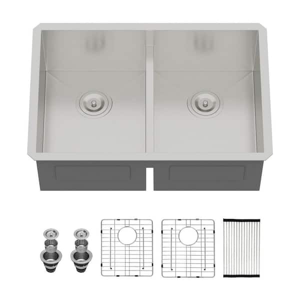 30 in. Undermount Low Divide Sink Double Bowl 50/50 16-Gauge Brushed Stainless Steel Kitchen Sink