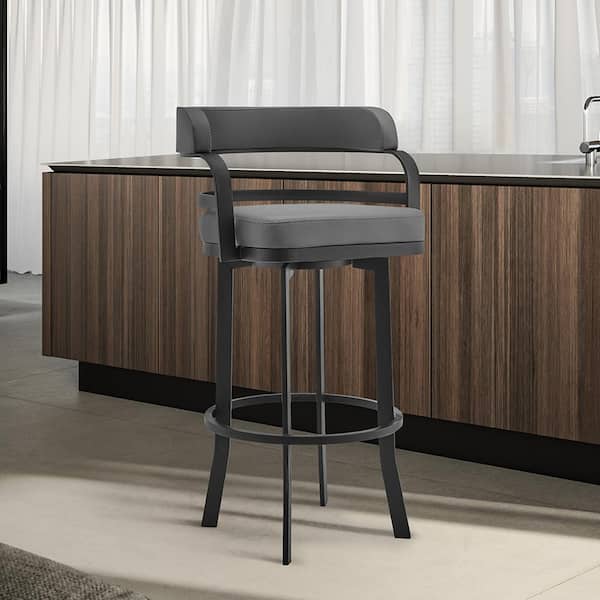 Armen Living Prinz 26 in. Low Back Gray Faux Leather and Black Metal Swivel Bar Stool