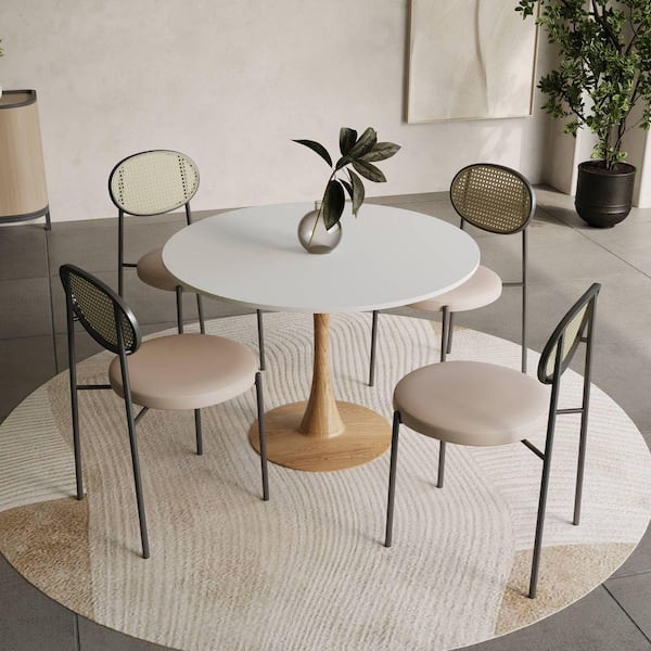 Bristol 35 in. Round Dining Table with Sintered Stone Top and Natural Steel Base for Kitchen and Dining Room in White