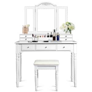 7-Drawer White Makeup Dressing Table with Tri-Folding Mirror and Cushioned Stool