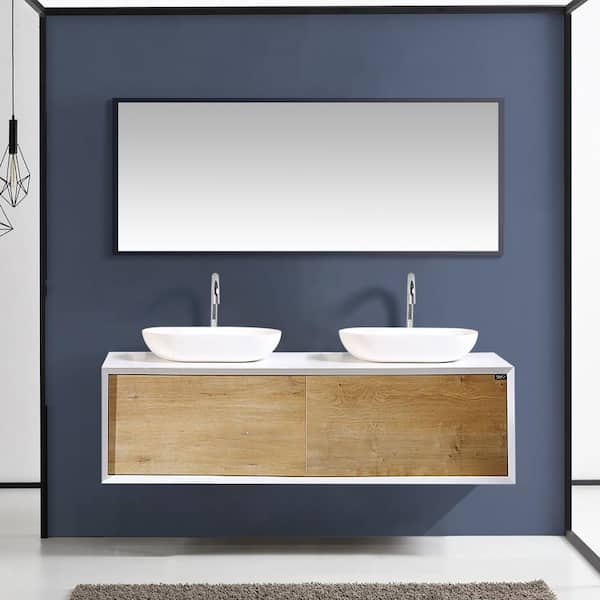 72 inch Wall Mounted Double Bathroom Vanity Latte Oak Finish with Solid  Surface Integrated Sink Top
