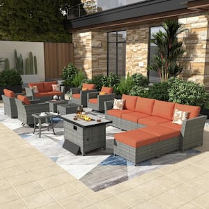 Bexley Gray 16-Piece Wicker Rectangle Fire Pit Patio Conversation Set with Orange Red Cushions and Swivel Chairs