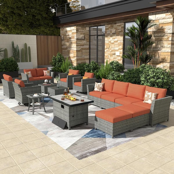 OVIOS Bexley Gray 16-Piece Wicker Rectangle Fire Pit Patio Conversation Set with Orange Red Cushions and Swivel Chairs