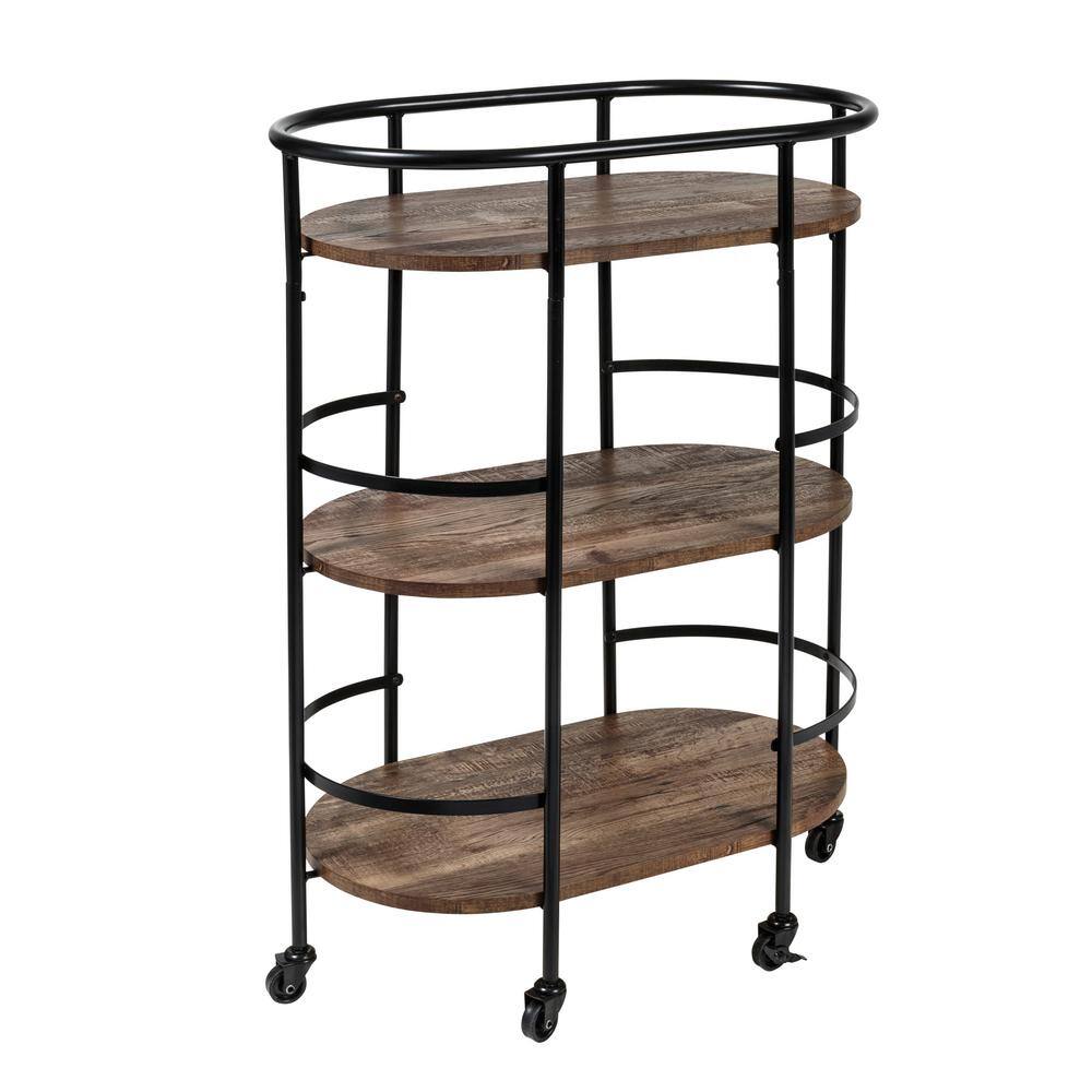 Rustic Brown and Black 3-Tier Oval Bar Cart with Storage