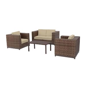 Fernlake 4-Pc Brown Wicker Outdoor Patio Deep Seating Set with CushionGuard Putty Tan Cushions