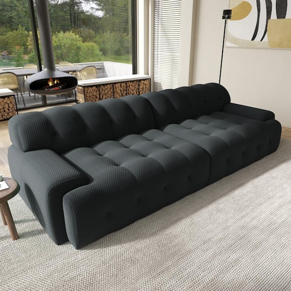 102.35 in. Square Arm Knit Fabric Rectangle 2-piece Waffle Sectional Sofa with Resilience Seat in. Black
