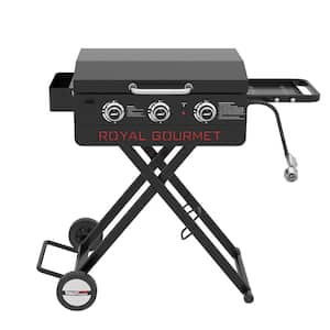 23 in. 3-Burner Propane Gas Griddle with Collapsible Stand and Side Shelf, Left Spice Rack, 25,500 BTU, Black