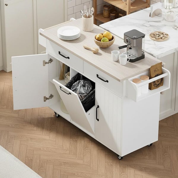 Modern White Wood 52 in. Drop Leaf Rolling 2-Drawer Kitchen Island Cart with Trash Can Storage Cabinet and 3-Door