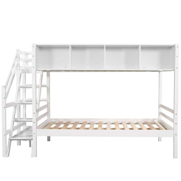 STICKON White Twin Over Full Size Bunk Bed with Staircase and Built-in Storage Cabinets