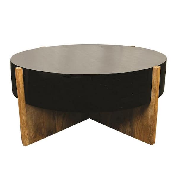 Benjara 39 in. Brown Round Wood Coffee Table with Crossed Base