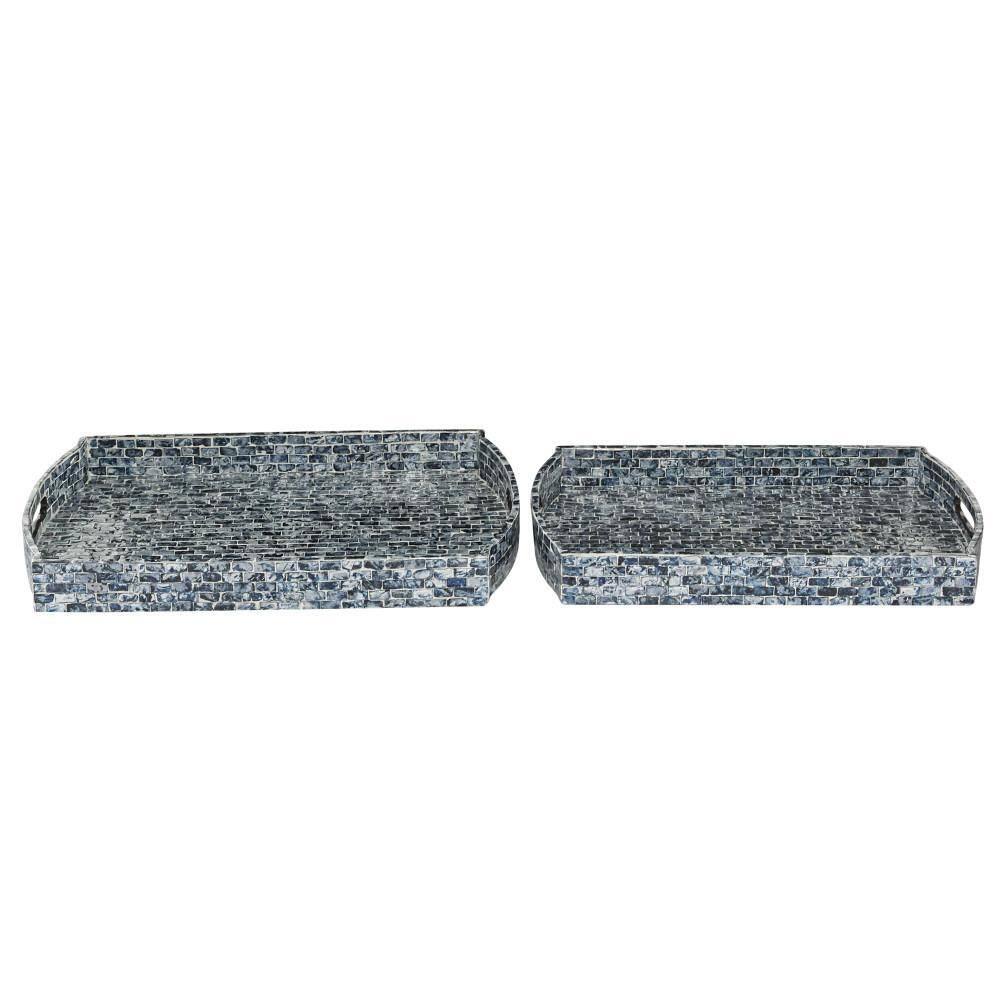 Blue Mosaic Wood Rectangular Decorative Tray Set, 2-Piece