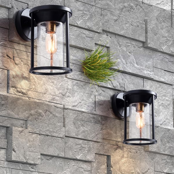 Hawaii 11.02 in. H Black Seeded Glass Hardwired Outdoor Wall Lantern Sconce with Dusk to Dawn (Set of 2)