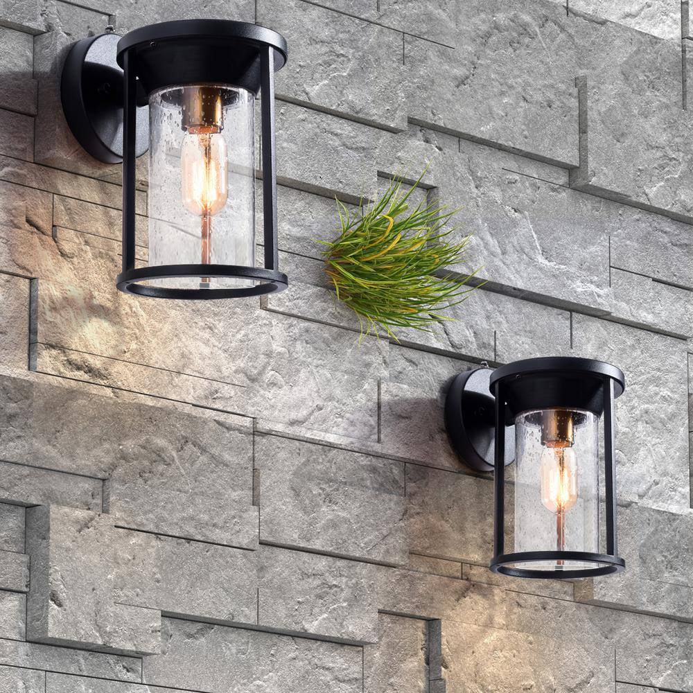 Hawaii 11.02 in. H Black Seeded Glass Hardwired Outdoor Wall Lantern Sconce with Dusk to Dawn (Set of 2) price history on PriceWatchPro
