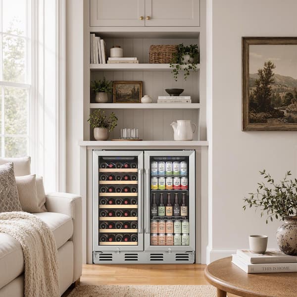 30.5 in. Dual Zone 36-Bottle and 110-Cans Built-in/Freestanding Beverage Cooler Fridge with Adjustable Shelves in Silver