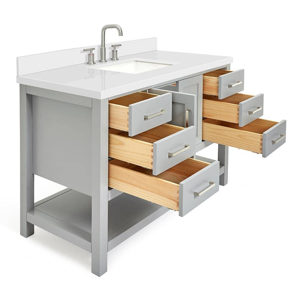 Gray Solid Wood Bath Vanity with White Quartz Top