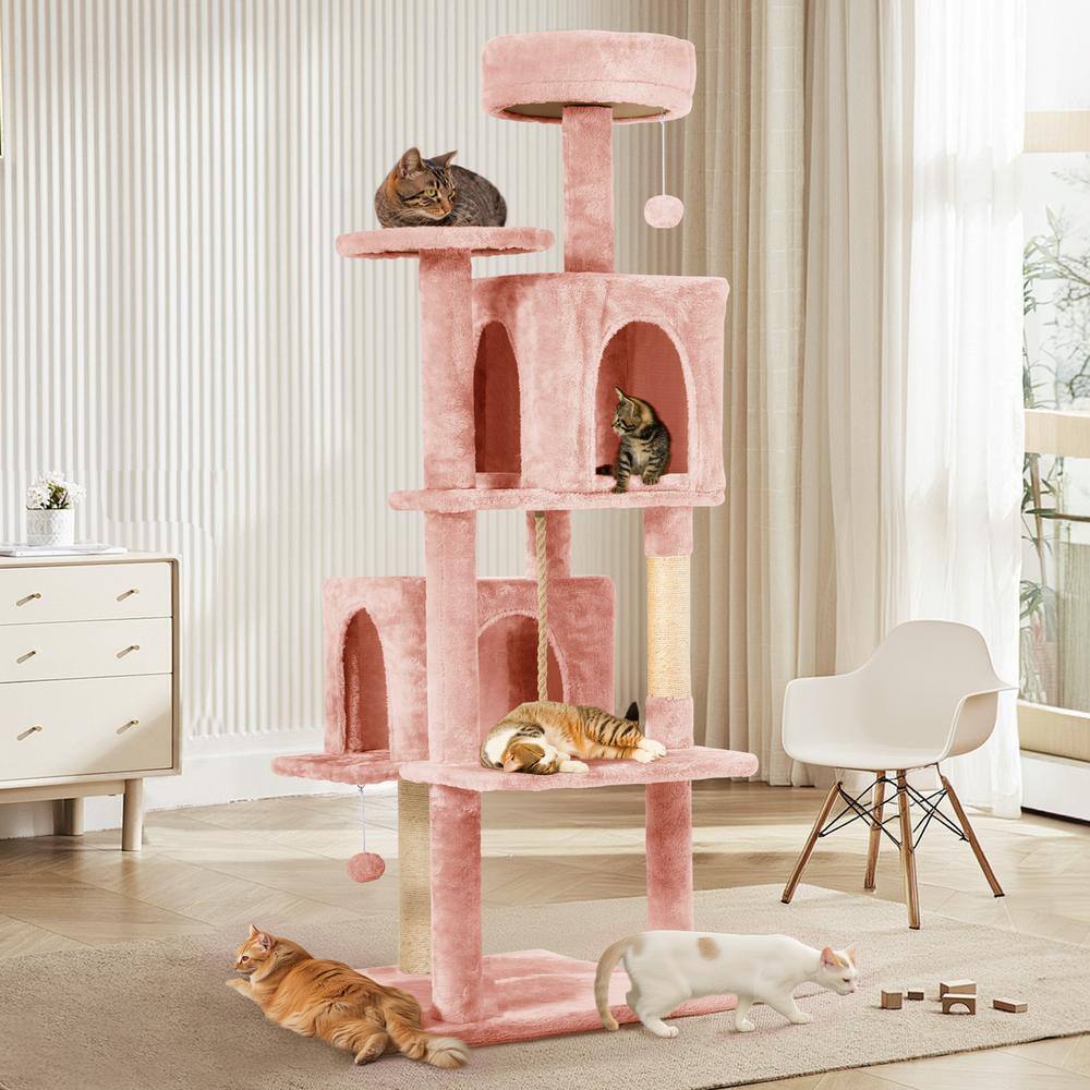 Pink Modern Cat Tree Pet Tower with Scraching Ramp Hanging Ball 9FTZZS Rd The Home Depot