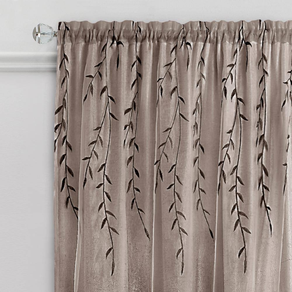 Ground Length Brown Embroidered Organza Rod Pocket Drapes