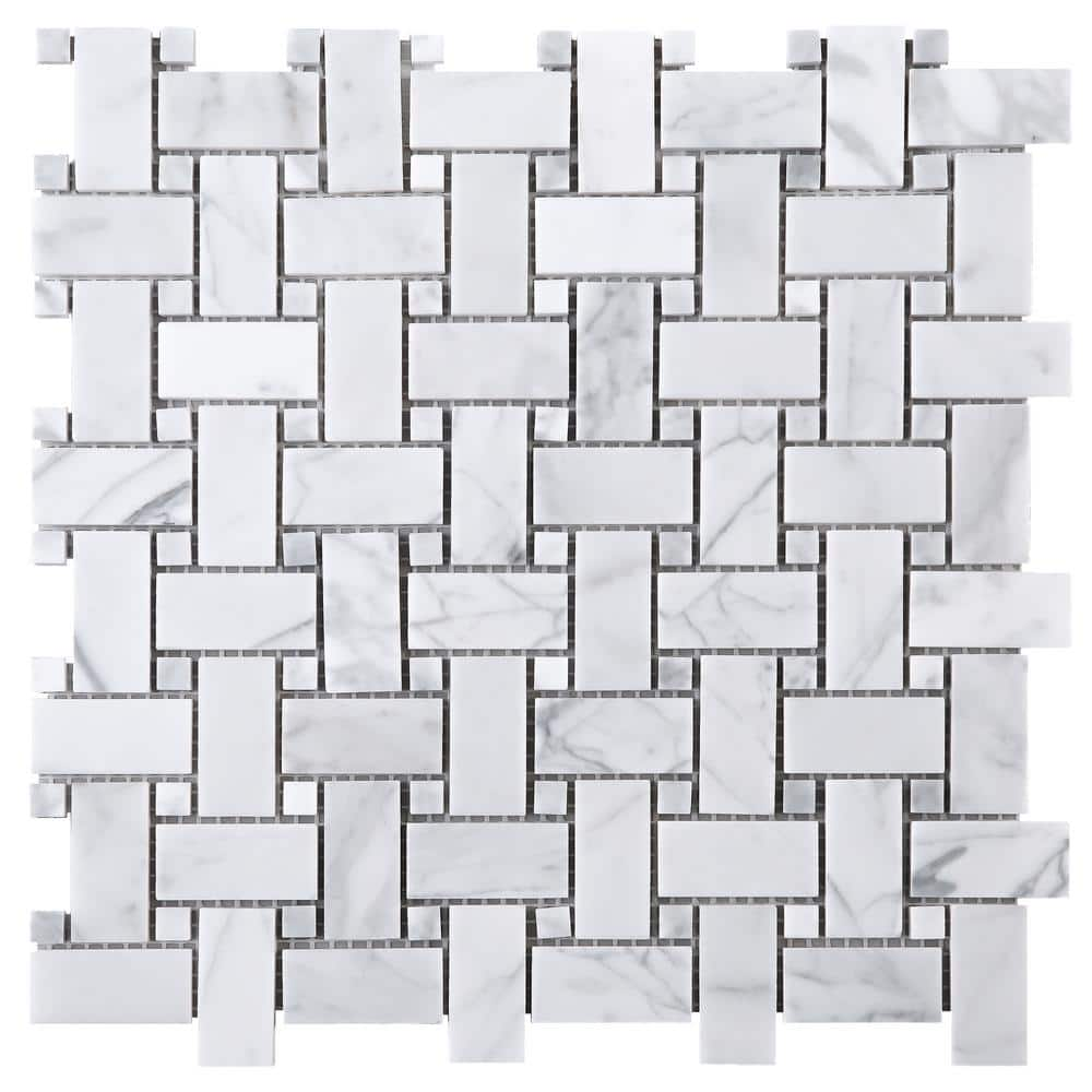 MOLOVO Carrara White Dot 12.01 in. x 12.01 in. Basketweave Polished ...