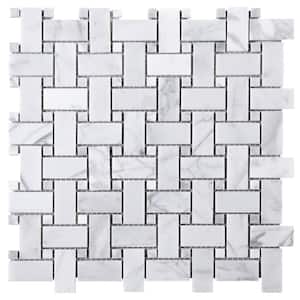 Carrara White Dot 12.01 in. x 12.01 in. Basketweave Polished Marble Mosaic Tile (10.1 sq. ft./Case)