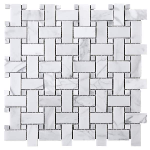 MOLOVO Carrara White Dot 12.01 in. x 12.01 in. Basketweave Polished Marble Mosaic Tile (10.1 sq. ft./Case)