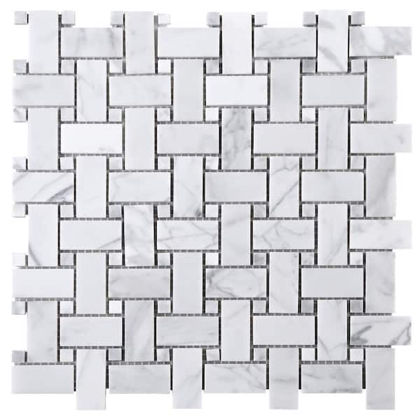 MOLOVO Carrara White Dot 12.01 in. x 12.01 Basketweave Polished Marble Mosaic Tile Sample