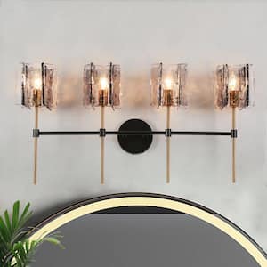 Echonalyri Modern 4-Light Matte Black and Plating Brass Vanity Light with Geometric Gray Textured Glass Shades