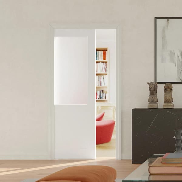 ARK DESIGN 24 in. x 80 in. White Primed MDF 1/2-Lite Glass Sliding Door, Wood Pocket Door Frame, with Hardware