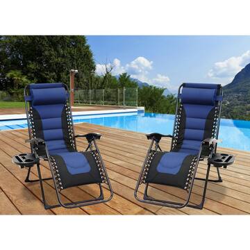 Patio Premier Black Frame Blue and Black Patio Premier Padded Gravity Foldable Chairs with Foot Cover and Big Cupholder (2-Pack) 243079PBB