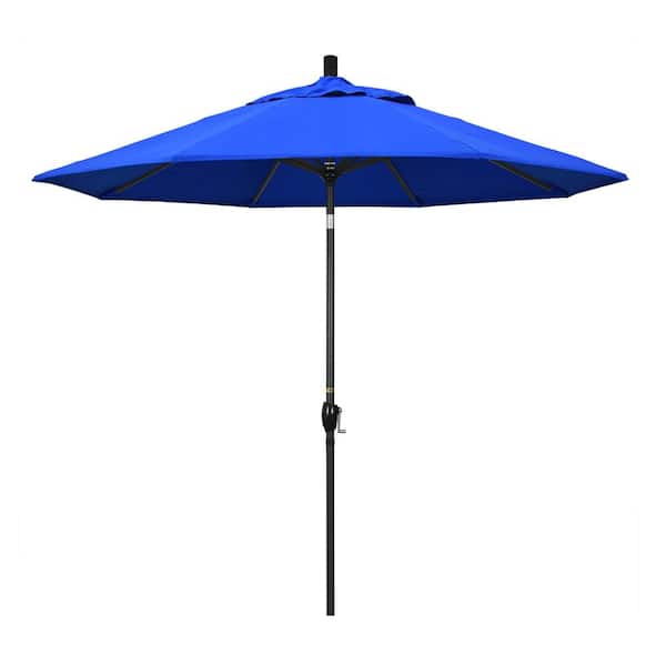 California Umbrella 9 ft. Black Aluminum Pole Market Aluminum Ribs Push Tilt Crank Lift Patio Umbrella in Pacific Blue Sunbrella