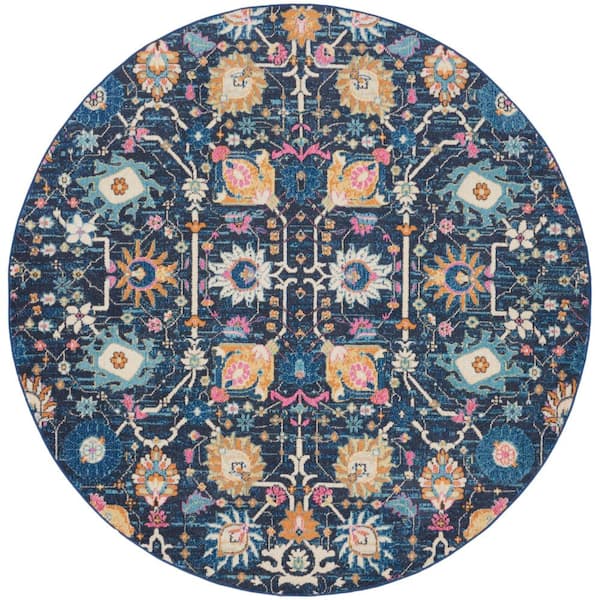 Nourison Passion Navy 8 ft. x 8 ft. Floral Transitional Round Area Rug