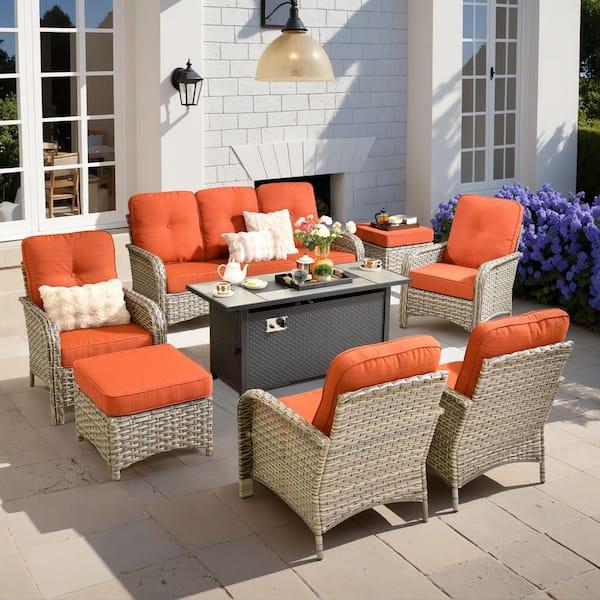 Gerbera D 8-Piece Wicker Patio 54" Fire Pit Conversation Set with Orange Red Cushions