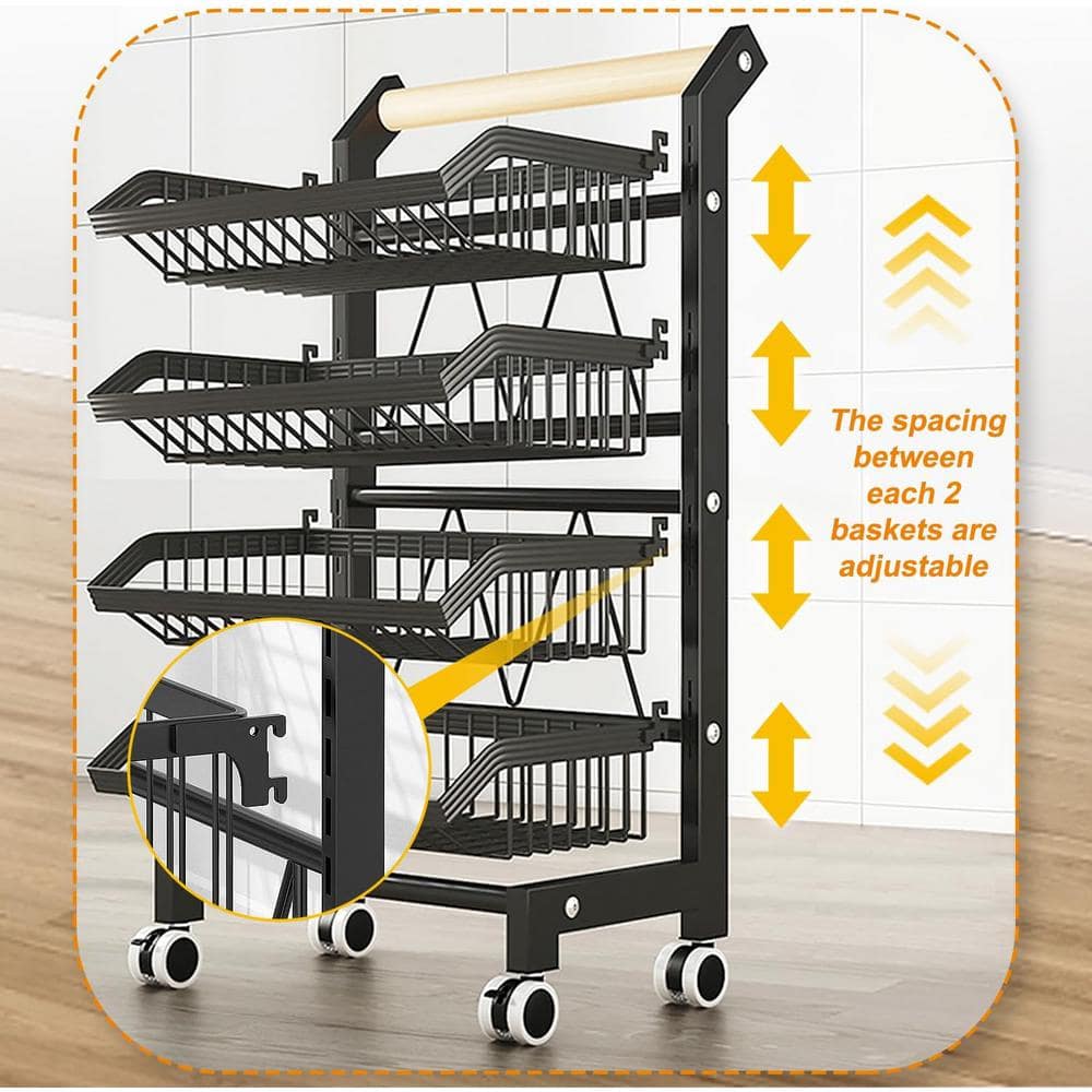 Black Metal and Wood 5-Tier Rolling Kitchen Cart with Mesh Baskets