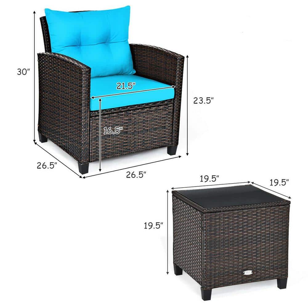 Turquoise Cushioned 3-Piece Brown Rattan Conversation Set