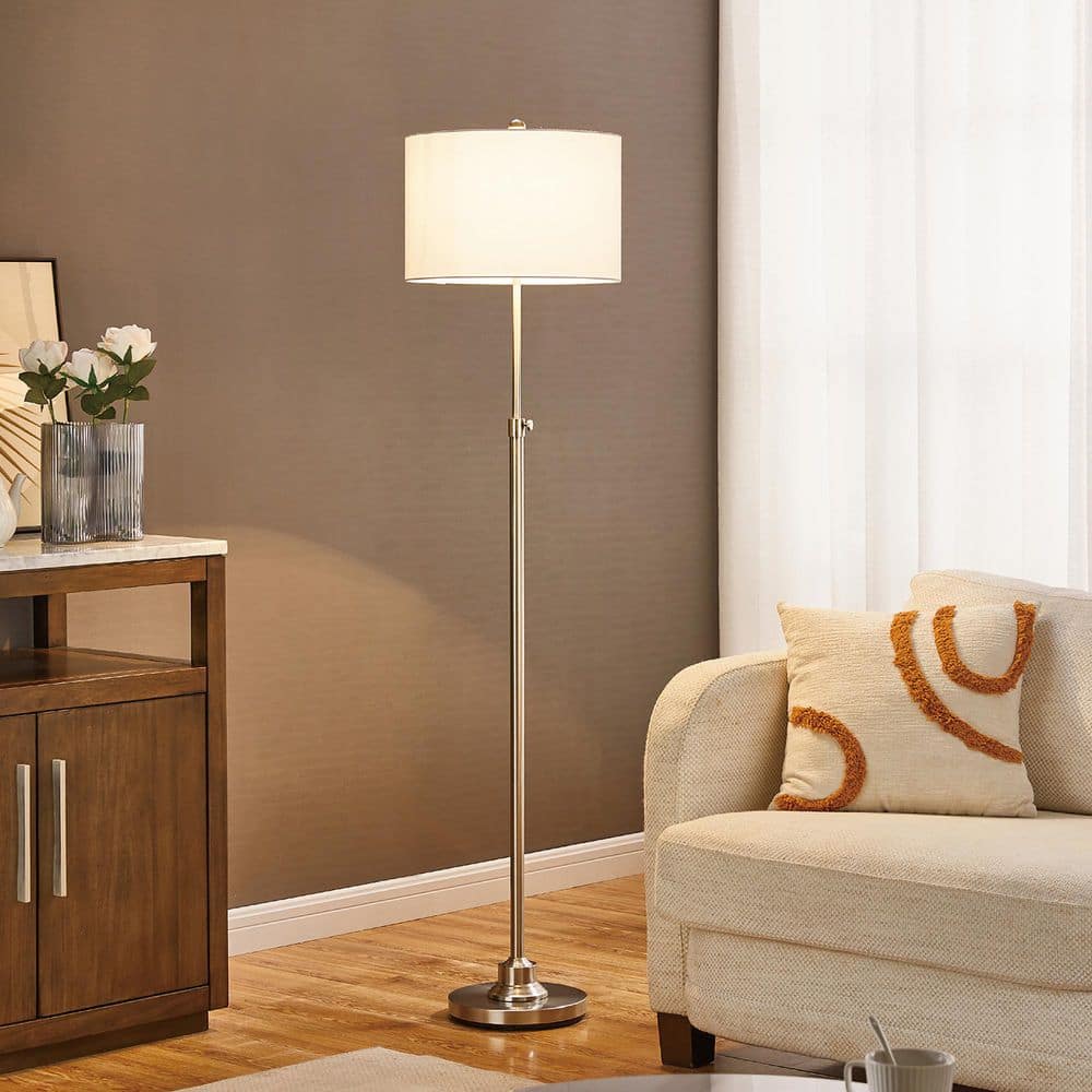63.5" Brushed Nickel Adjustable Floor Lamp with White Linen Shade