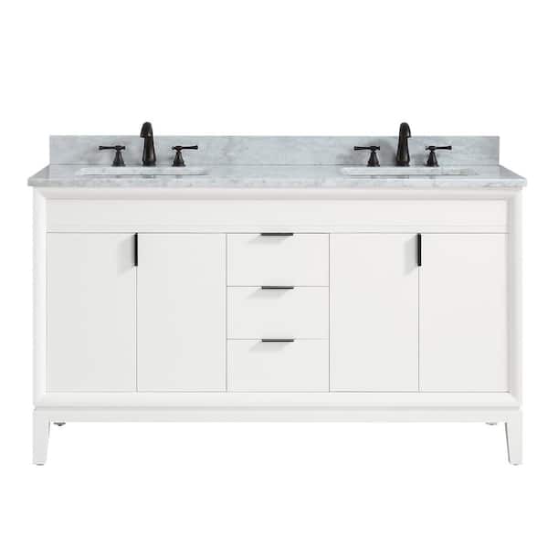 Avanity Emma 61 in. W x 22 in. D x 35 in. H Bath Vanity in White with Marble Vanity Top in Carrara White with Basins