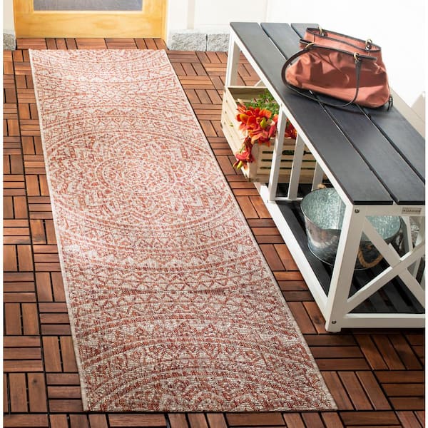 Courtyard Light Beige/Terracotta 2 ft. x 14 ft. Medallion Indoor/Outdoor Runner Rug