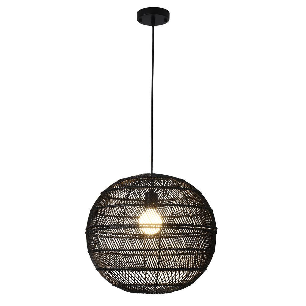 LWYTJO 1-Light Black Globe Pendant Light with Rattan Shade, No Bulbs ...