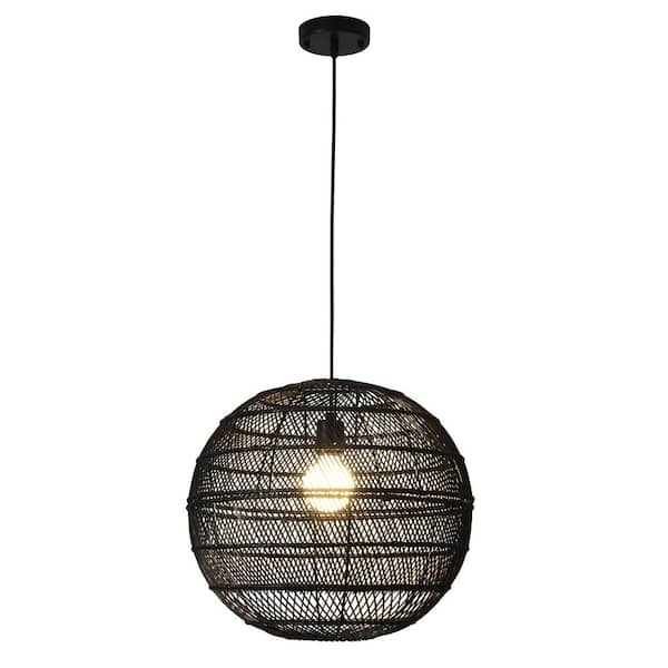 LWYTJO 1-Light Black Globe Pendant Light with Rattan Shade, No Bulbs ...