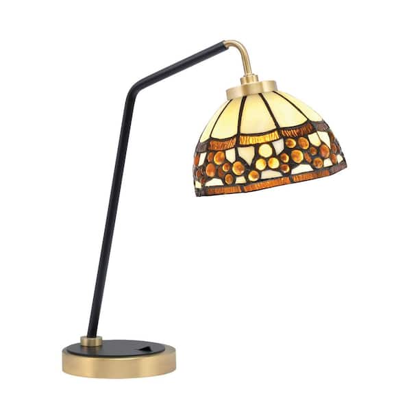 Unbranded Delgado 16.5 in. Matte Black and New Age Brass Desk Lamp with Roman Jewel Art Glass